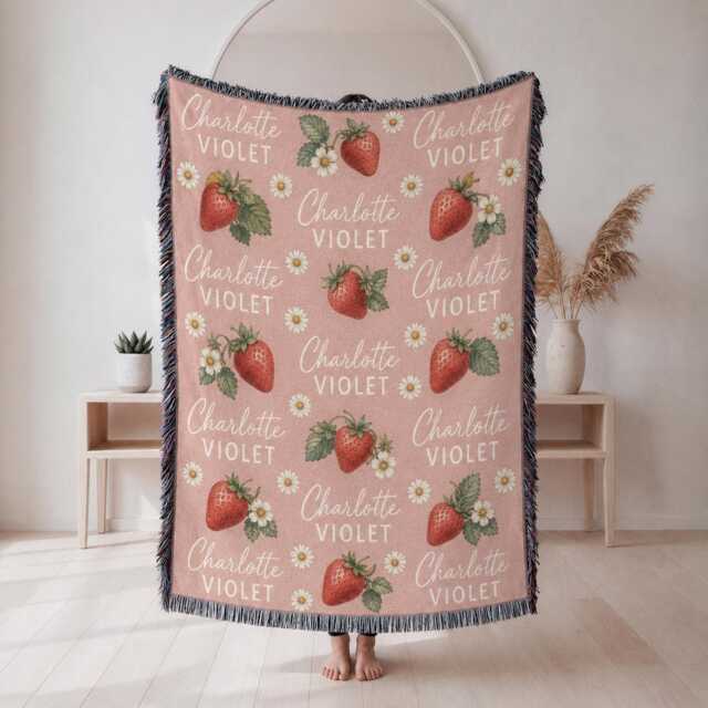Custom Strawberry Blanket, Personalized Baby Name Woven Nursery Decor, Shower Gift, Girl Blanket - image 1