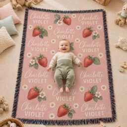 Custom Strawberry Blanket, Personalized Baby Name Woven Nursery Decor, Shower Gift, Girl Blanket - thumbnail 3