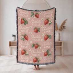 Custom Strawberry Blanket, Personalized Baby Name Woven Nursery Decor, Shower Gift, Girl Blanket - thumbnail 1