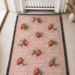 Custom Strawberry Blanket, Personalized Baby Name Woven Nursery Decor, Shower Gift, Girl Blanket - thumbnail 2