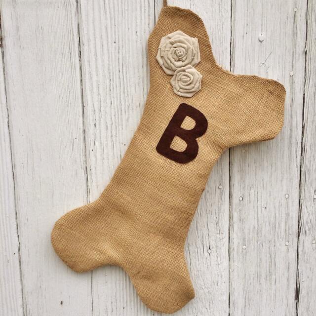 Burlap Dog Bone Christmas Stocking With Rosettes - Puppy/Dog Stocking-Personalize Letter/Custom Colors-Rustic/Shabby Chic//Natural - image 1