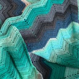 Handmade Crocheted Afghans/Full Size Blanket Chevron Zigzag Stripped Teal Ombre Beige Brown Stippped - thumbnail 4