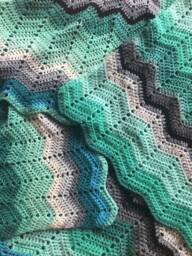 Handmade Crocheted Afghans/Full Size Blanket Chevron Zigzag Stripped Teal Ombre Beige Brown Stippped