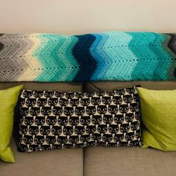 Handmade Crocheted Afghans/Full Size Blanket Chevron Zigzag Stripped Teal Ombre Beige Brown Stippped - thumbnail 3