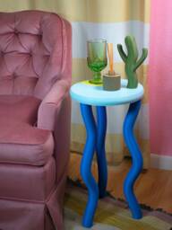 Blue Wavy Side Table - Postmodern Funky Original Design - thumbnail 1