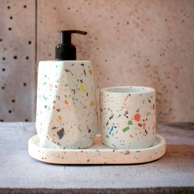 Terrazzo Bathroom Set With Tray Colorful Soap Dispenser, Stick Holder - image 1