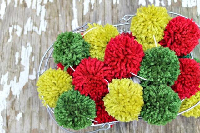 Red & Green Yarn Pom Christmas Garland, Holiday Decor - image 1
