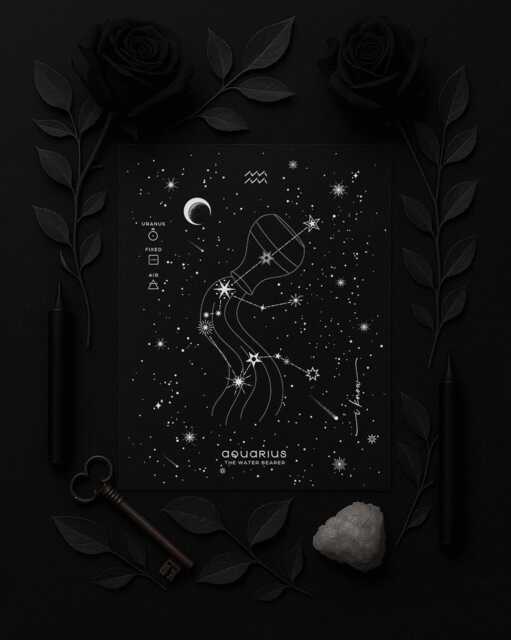Aquarius Zodiac Constellation Silver Foil Art Print, Astrology Horoscope Signs Celestial Artwork, Black Minimal Wall Decor - image 1