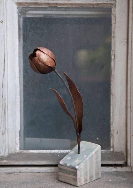 Unfading Metal Flower, Copper Tulip Sculpture On Wooden Base, By Thesteelstylethings, 9 Anniversary - image 1