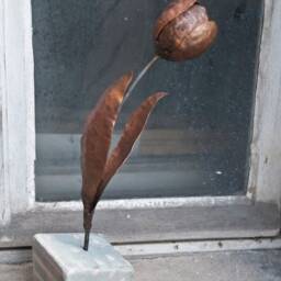 Unfading Metal Flower, Copper Tulip Sculpture On Wooden Base, By Thesteelstylethings, 9 Anniversary - thumbnail 3