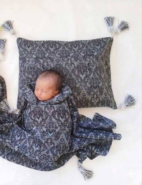 In Stock Black Grey Baroque Baby Wrap & Pillow Set With Tassel Corners - Cradle Pram Blanket - image 1