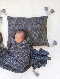 In Stock Black Grey Baroque Baby Wrap & Pillow Set With Tassel Corners - Cradle Pram Blanket
