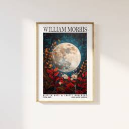 William Morris Full Moon & Flowers Print, Cotton Prints Exhibition Vintage Morris, Luxury Botanical Foliage Celestial - thumbnail 1