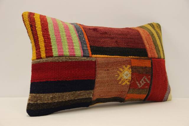 Vintage Turkish Kilim Lumbar Pillow, Wool Patchwork Cushion Cover - 12x20 In - image 1