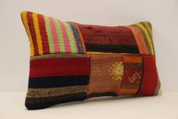 Vintage Turkish Kilim Lumbar Pillow, Wool Patchwork Cushion Cover - 12x20 In