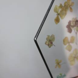 Pressed Flowers Wall Hanging, Botanical Stained Glass Floating Frame, Dried Floral Leaves Panel, Hexagon Herbarium Art - thumbnail 4