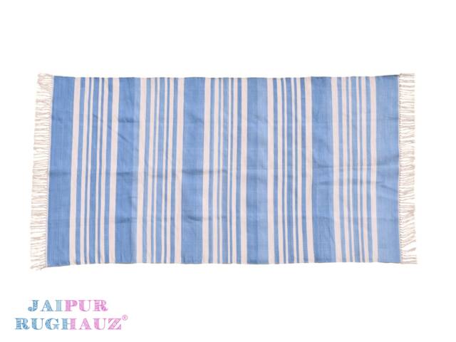 Handmade Cotton Striped Area Rug Light Indigo Kilim Dhurrie - image 1