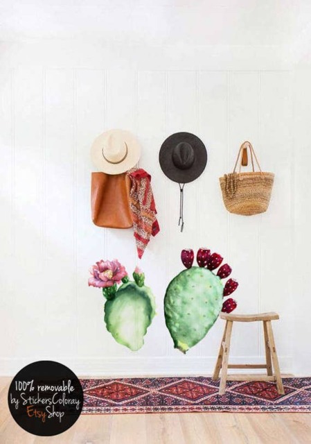 Cactus Wall Decal, Cacti Removable Sticker, Reusable Blooming Decor, Pink Flower Repositionable Plant #17W - image 1