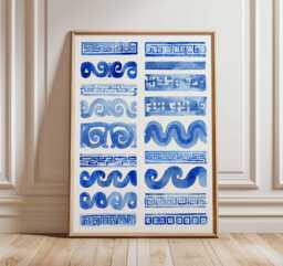Blue Greek Pattern Art Print, Wall Art, Hellenic Geometric Poster, Mediterranean Decor, Ancient Greece Inspired Print - thumbnail 1
