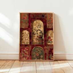 Persian Garden Arches Wall Art - Grand Bohemian Floral Tapestry Poster Rustic Gold & Crimson Botanical Print - thumbnail 1