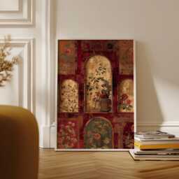Persian Garden Arches Wall Art - Grand Bohemian Floral Tapestry Poster Rustic Gold & Crimson Botanical Print - thumbnail 2