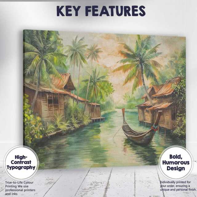 Tranquil Tropical Riverside Village Longtail Boat Painting Canvas Wall Art Print Decor Picture Ready To Hang - image 1