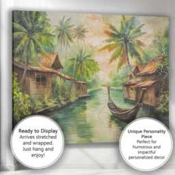 Tranquil Tropical Riverside Village Longtail Boat Painting Canvas Wall Art Print Decor Picture Ready To Hang - thumbnail 3