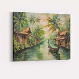 Tranquil Tropical Riverside Village Longtail Boat Painting Canvas Wall Art Print Decor Picture Ready To Hang - thumbnail 4