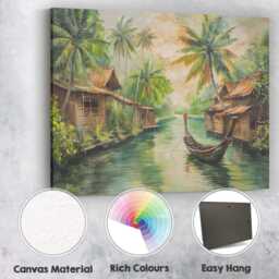 Tranquil Tropical Riverside Village Longtail Boat Painting Canvas Wall Art Print Decor Picture Ready To Hang - thumbnail 2