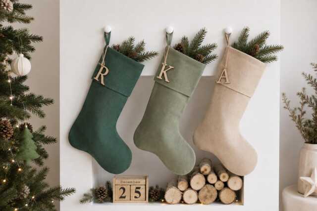 Personalised Christmas Stocking, Minimalist Linen Scandinavian Decor, Neutral Family Stockings, Natural Xmas