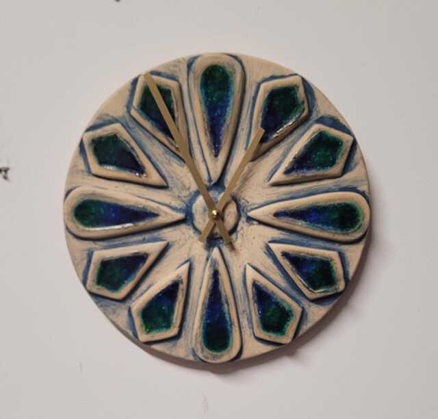 Hand Made Circular Round Blue Natural Ceramic Wall Clock Inlaid With & Green Glass 25 cm Diam - image 1