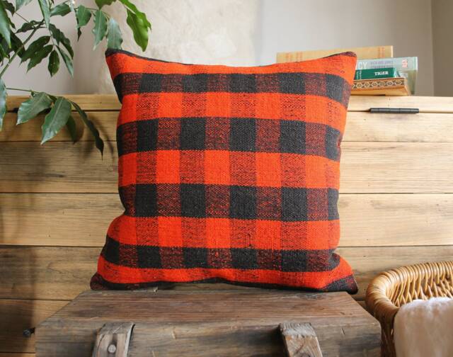 40cm - 16Inch Vintage Kilim Cushion Cover Handwoven - Checked Village Orangey Red & Black - image 1