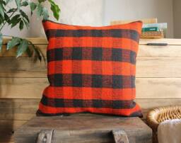 40cm - 16Inch Vintage Kilim Cushion Cover Handwoven - Checked Village Orangey Red & Black