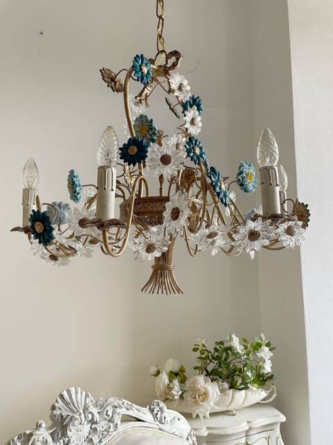 Made in Italy Artistic Brass Chandelier, 6 Lights Porcelain, Metal & Glass Flowers One-Of-A-Kind - image 1
