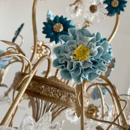 Made in Italy Artistic Brass Chandelier, 6 Lights Porcelain, Metal & Glass Flowers One-Of-A-Kind - thumbnail 2