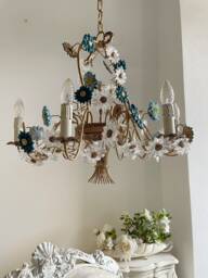 Sale Made in Italy Artistic Brass Chandelier, 6 Lights Porcelain, Metal & Glass Flowers One-Of-A-Kind