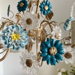Sale Made in Italy Artistic Brass Chandelier, 6 Lights Porcelain, Metal & Glass Flowers One-Of-A-Kind - thumbnail 4