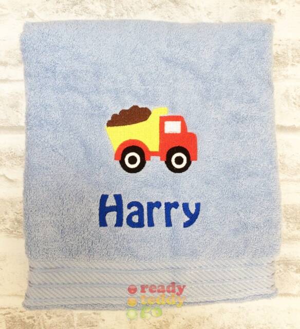 Personalised Swimming/Bath Towel Sheet Dump Truck Embroidered Unisex Boys Girls Children's Kids With Any Name 500Gsm - image 1