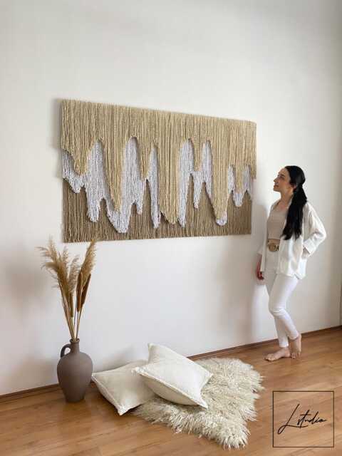 "Layered Contemporary Fiber Wall Art, Extra Large Macrame Hanging, Ecru Abstract Textile Yarn Tapestry, Luxury Handmade Artwork ""Icicle" - image 1