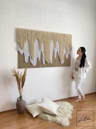 "Layered Contemporary Fiber Wall Art, Extra Large Macrame Hanging, Ecru Abstract Textile Yarn Tapestry, Luxury Handmade Artwork ""Icicle" - thumbnail 1