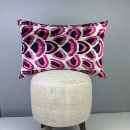Handloomed Silk Velvet Ikat Pillow Cover Accent Piping - thumbnail 2