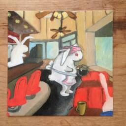 Coffee Shop, Bunny Waitress, Framed Small Print Of An Orignial Painting - thumbnail 2