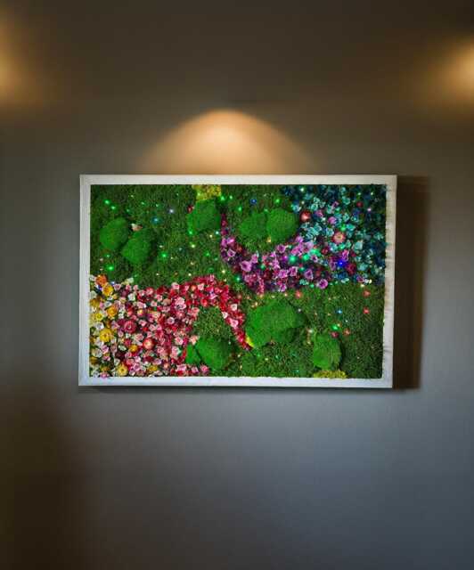 Handmade Large Preserved Moss Wall Art With Led Light & Flowers Colourful Decor - image 1
