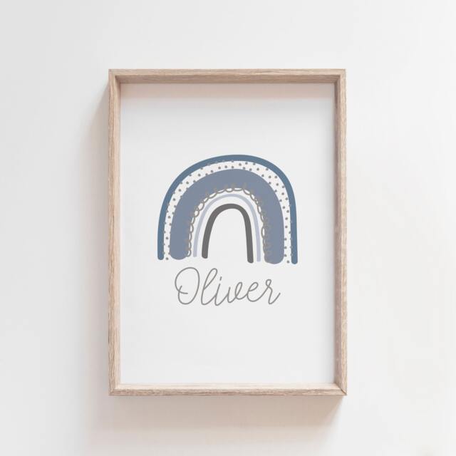 Boys Nursery Prints, Bedroom Personalised Name Print, Muted Blue, Rainbow Wall Art, Art - image 1