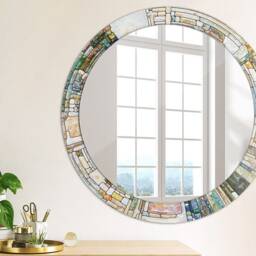 Abstract Stained Glass, Gray, Round Mirror Frame, Glass Wall Art, High Quality Print - thumbnail 2