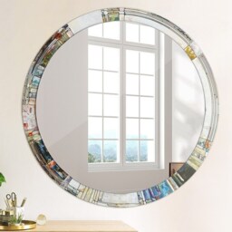 Abstract Stained Glass, Gray, Round Mirror Frame, Glass Wall Art, High Quality Print - thumbnail 4