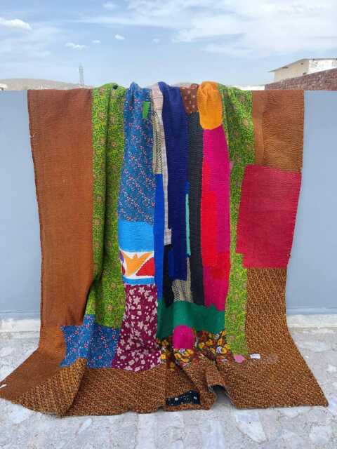Handmade Cotton Kantha Quilt Patchwork Block Print Reversible Decorative Throw - image 1