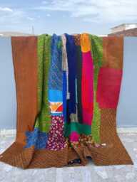 Handmade Cotton Kantha Quilt Patchwork Block Print Reversible Decorative Throw - thumbnail 1