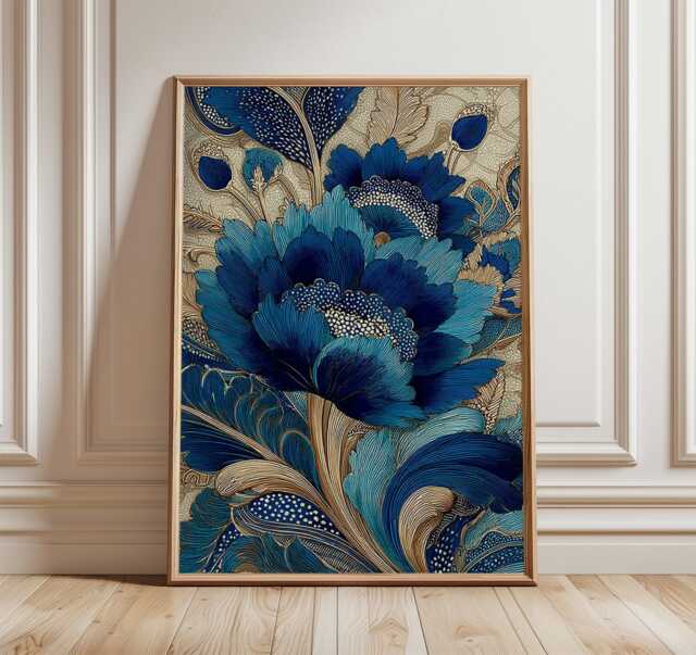 Blue Floral Art Deco Poster, Elegant Botanical Wall Art, Luxury Gold Flower Print - image 1