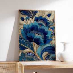 Blue Floral Art Deco Poster, Elegant Botanical Wall Art, Luxury Gold Flower Print - thumbnail 2